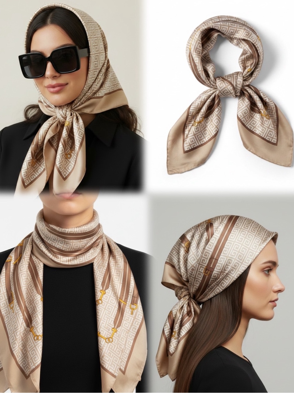 Beige Geometric Satin Finish Square Scarf - Women Accessories